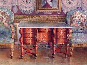 Stół do pisania pod kolanem z czerwonego szylkretu i lakierowanej stali. Boulle. Pozłacane Fauteuils, Tapicerowane w Gobelin autorstwa Edwin John Foley