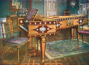 Meble dekoracyjne z końca XVIII wieku. Pianoforte inkrustowane drewnem satynowym i mahoniem, z tablicami Wedgwood, uchwytami Ormolu, panelem i gwiazdami, podarowane przez Manuela Godoy królowej Hiszpanii w 1796 roku.