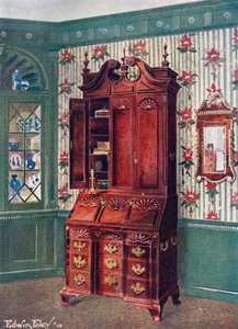 Scrutoir z mahoniowym blatem z frontowym blatem. Mahoniowe i pozłacane lustro konstytucji autorstwa Edwin John Foley