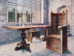 Stolik dębowy. Krzesło „Kopalnia Gospodarzy” autorstwa Edwin John Foley