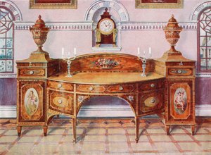 Malowany i inkrustowany kredens z satynowego drewna. Mahoniowy zegar wspornikowy autorstwa Edwin John Foley