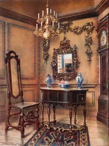 Boazeria, z rzeźbami Grinlinga Gibbona. Rama lustra, stół z orzecha włoskiego, William i Mary. Orzechowe krzesło, orzechowy zegar Charlesa Wesley