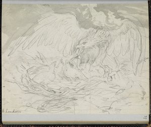 F. 37: Drapieżny ptak karmiący pisklęta, z „Księgi szkiców ze scenami z opowiadań Karola Dickensa” (ołówek na papierze) autorstwa Edwin Landseer