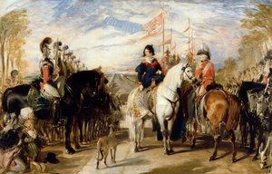 Królowa Wiktoria i książę Wellington na przeglądzie gwardii przybocznej, Windsor Great Park w oddali autorstwa Edwin Landseer