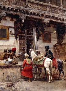 Rzemieślnik sprzedający skrzynie przy budynku z drewna tekowego, Ahmedabad, ok. 1885 r. autorstwa Edwin Lord Weeks