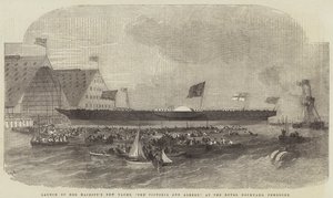 Wodowanie nowego jachtu Jej Królewskiej Mości, Victoria and Albert, w Royal Dockyard w Pembroke autorstwa Edwin Weedon