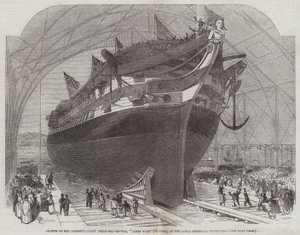 Wodowanie parowca śrubowego Jej Królewskiej Mości James Watt (90 dział) w Royal Dockyard, Pembroke