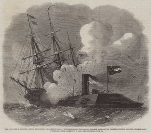 Wojna secesyjna w Ameryce, bitwa morska w Hampton Roads, konfederacki żelazny parowiec Merrimac (lub Virginia) wjeżdżający do Federal Slup Cumberland