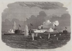 Żelazna fregata New Ironsides i dwie baterie Ericssona wchodzą do akcji w Charleston
