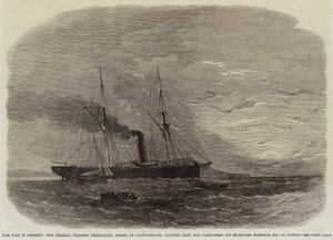 Wojna w Ameryce, federalny parowiec Chesapeake, zajęty przez konfederatów, lądowanie załogi i pasażerów w porcie Musquash w Zatoce Fundy autorstwa Edwin Weedon