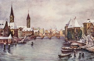 Ren: Rzeka w Zurychu, zima (kolorowa litografia) autorstwa Effie Jardine