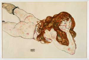 Kobieta nago leżąca na brzuchu - Nagość na brzuchu ... (gwasz i czarna kredka) autorstwa Egon Schiele