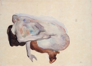 Przyczajony akt w butach i czarnych pończochach, widok z tyłu, 1912 (wc, gwasz i grafit na papierze) autorstwa Egon Schiele