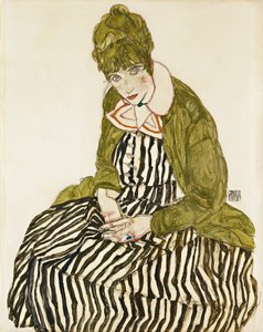 Edith Schiele w prążkowanej sukience na siedząco. Praca Egona Schiele (1890-1918), ołówek i gwasz na papierze autorstwa Egon Schiele
