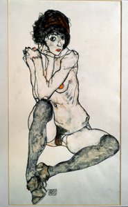 Kobieta siedzi nago. Rysunek autorstwa Egona Schiele