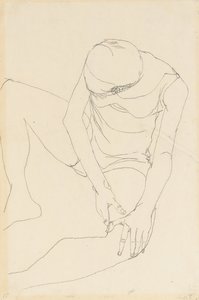 Akt kobiecy pochylony do przodu, obie ręce na lewym udzie, 1913 autorstwa Egon Schiele
