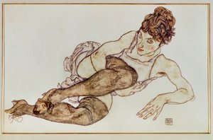 Kobieta w brązowych pończochach - Kobieta ... (gwasz i czarna kredka) autorstwa Egon Schiele