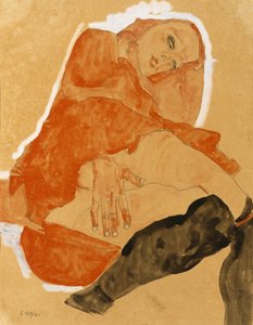Dziewczyna w czerwonej szacie i czarnych pończochach autorstwa Egon Schiele
