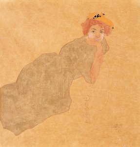 Dziewczyna w oliwkowej sukience z podpartym ramieniem, 1908 autorstwa Egon Schiele