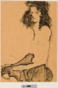 Dziewczyna z czarnymi włosami, 1911 (wc i grafitowy ołówek na papierze) autorstwa Egon Schiele