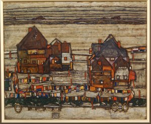 Domy i kolorowa pralnia, przedmieście, również dwa bloki domów z liniami do prania ... autorstwa Egon Schiele