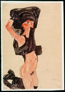 Klęcząca dziewczyna, rozbierająca się (gwasz, akwarela i ołówek) autorstwa Egon Schiele