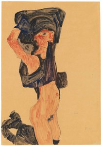 Klęcząca dziewczyna ściągająca spódnicę przez głowę, 1910. autorstwa Egon Schiele