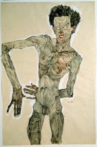 Akt męski (autoportret). Rysunek Egona Schiele (1890-1918), 1910. Ołówek, akwarela i tempera na papierze. Wymiary: 55,7x36,8cm. Wiedeń, Graphische Sammlung Albertina