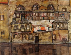 Ściana domów nad rzeką - Obraz Egona Schiele (1890-1918), olej na płótnie autorstwa Egon Schiele