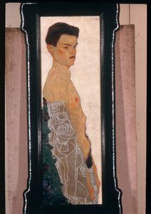 Autoportret aktu z ozdobną draperią ... (farba olejna i metaliczna) autorstwa Egon Schiele
