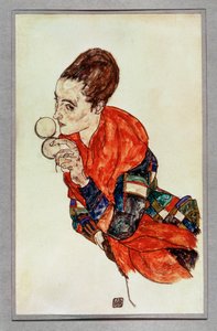 Portret aktorki Margi Boerner z puderniczką ... (gwasz i czarna kredka) autorstwa Egon Schiele