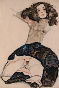 Czarnowłosa dziewczyna z podwiniętą spódnicą autorstwa Egon Schiele