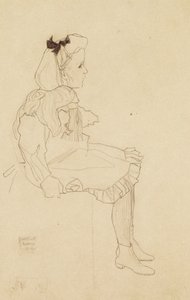 Siedząca dziewczyna z kokardą we włosach, 1909 autorstwa Egon Schiele