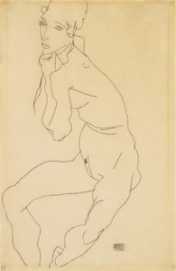 Akt kobiecy w pozycji siedzącej z ręką na brodzie, 1914 autorstwa Egon Schiele