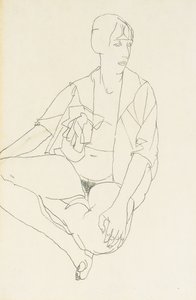 Akt kobiecy w pozycji siedzącej z rozpiętą bluzką, 1913 autorstwa Egon Schiele