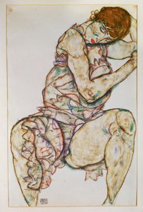 Siedząca kobieta z lewą ręką we włosach (gwasz i ołówek) autorstwa Egon Schiele