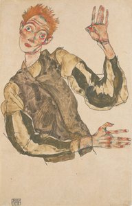 Autoportret w pasiastych ochraniaczach rękawów autorstwa Egon Schiele