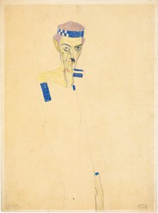 Autoportret z opaską na głowę w niebieską kratkę, 1909. autorstwa Egon Schiele