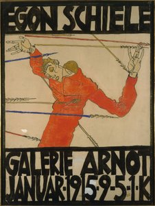 Autoportret jako św. Sebastian, projekt plakatu na moją wystawę w Galerie Arnot, 1914 (gwasz, czarna kredka i tusz na tekturze)