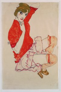 Wally in roter Bluse mit erhobenen Knien (gwasz, akwarela i ołówek) autorstwa Egon Schiele