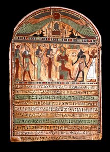 Starożytność egipska: stela grobowa arcykapłana: Ozyrys wita zmarłego obecnego w Anubis, za nim bóstwa Izyda, Neftyda (Neftyda lub Neftis), Horus, Hathor. III-II wiek p.n.e. turyn, muzeum egipskie - antyki egipskie: stela grobowa autorstwa Egyptian