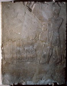 Relief przedstawiający Mentuhotepa III (ok.2004-c.1992 pne) poświęcającego ofiary, Państwo Środka, ok. 1982-1970 pne (wapień) autorstwa Egyptian 11th Dynasty