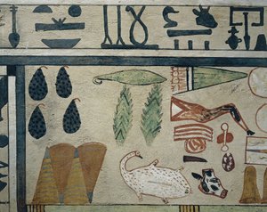 Detal panelu przedstawiający różne ofiary żywnościowe z Sarkofagu Irinimenpu autorstwa Egyptian 12th Dynasty