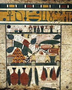 Otynkowany, pomalowany drewniany panel ze stosem ofiar pogrzebowych, z Sarkofagu Ibi autorstwa Egyptian 17th Dynasty