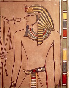 Amenhotep II (ok. 1427-1392 pne) z ankh podniesionym do ust, z komory sarkofagu w jego grobowcu, Nowe Królestwo (malowany wapień) autorstwa Egyptian 18th Dynasty