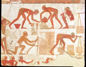 Construção de uma parede, do túmulo de Rekhmire, vizir de Tuthmosis III e Amenhotep II, Novo Reino (pintura de parede) (ver 202228 para detalhes)polonês autorstwa Egyptian 18th Dynasty