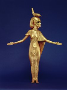 Szczegół bogini Selket z sanktuarium kanopskiego, z grobowca Tutanchamona (ok. 1370-1352 pne) Nowe Królestwo (złocone drewno) (patrz także 228567)