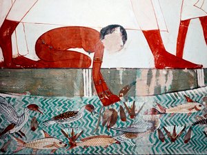 Sztuka egipska: Grób Menny. Scena rybna, szczegół. Naga pokojówka zbiera kwiat lotosu (XVIII dynastia) Fresk z Luksoru (miejsce Teb, szejk Abdul-Gurnah (Gurnah), lewy brzeg Nilu, Egipt. autorstwa Egyptian 18th Dynasty