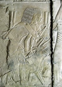 Egipski antyczny: łączy z grobu Kha em Het (Khaemhat) inspektora strychów i skryby z dworem Amenophisa III (TT57) reprezentującego mężczyzn składających w ofierze głowy buraków. XVIII dynastia. 1530-1290 pne. Dolina Szlachty. Luksor, Zachodni Brzeg, Eg autorstwa Egyptian 18th Dynasty