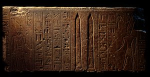 Egipski antyczny: fragment wyrytego fresku przedstawiającego królową Hatszepsut (po lewej) i dwa obeliski w świątyni Amona - 15 rok jej panowania (1475-1468 pne) XVIII dynastia - Luksor, Muzeum Sztuki Egipskiej autorstwa Egyptian 18th Dynasty